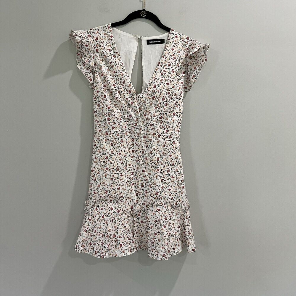 Sundae Muse Gracie Dress Floral Print‎ Size 8 V Neck Mini Open Back Tie Ruffle